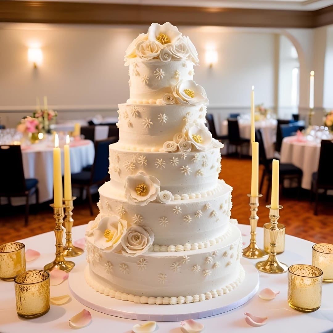 Five-tier white wedding cake decorated with white flowers and small icing patterns, surrounded by candles and flower petals on a round table in an elegant banquet hall.