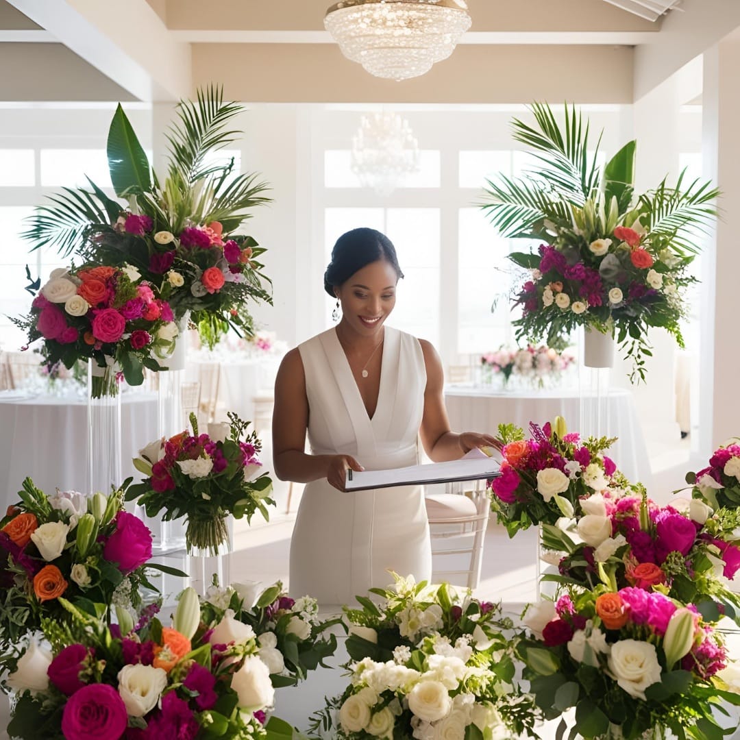 Woman in a white dress stands among vibrant floral arrangements in an elegantly decorated, sunlit event space, holding a menu or program and smiling.
