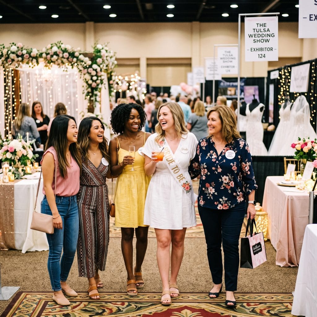 Five women, one wearing a “Bride to Be” sash, walk together smiling at a wedding expo with decorated booths and bridal gowns in the background.