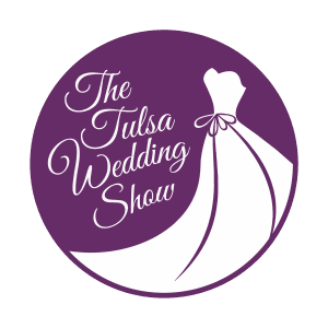 Purple circular logo with white text “The Tulsa Wedding Show” next to a simple white wedding dress graphic on a white background.